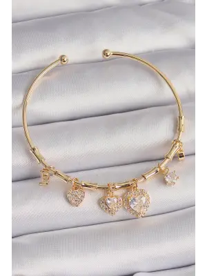 Pirinç Gold Renk Sallantı Zirkon Taşlı Kalp Figür Charm Bileklik