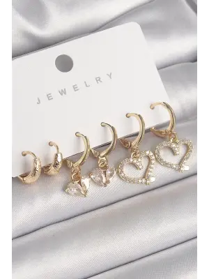  Altın Sallantı Zirkon Taşlı Kalp Model Halka Detay Çelik Küpe Seti