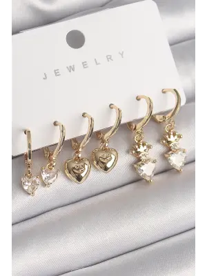  Altın Sallantı Zirkon Taşlı Kalp Model Taç Detay Çelik Küpe Seti