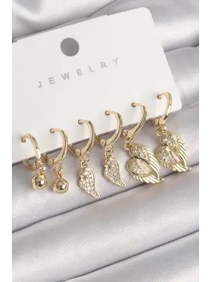  Altın Sallantı Zirkon Taşlı Kanat Model Topçuk Detay Çelik Küpe Seti