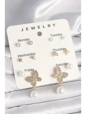 Pirinç Gold Renk Sallantı Zirkon Taşlı Kelebek Figür İnci Detay 7Li Kadın Küpe Seti