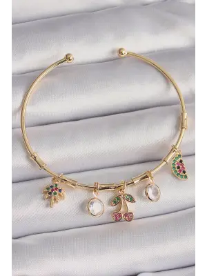 Pirinç Gold Renk Sallantı Zirkon Taşlı Kiraz Figür Ağaç Detay Charm Bileklik