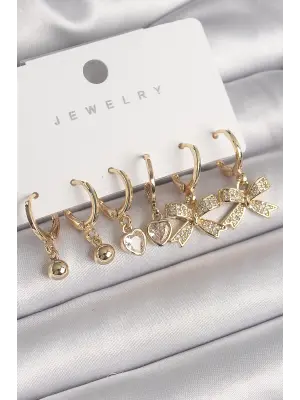  Altın Sallantı Zirkon Taşlı Kurdele Model Kalp Detay Çelik Küpe Seti