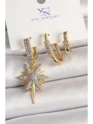 Pirinç Gold Renk Sallantı Zirkon Taşlı Kutup Yıldız Model 3Lü Kadın Kombin Küpe