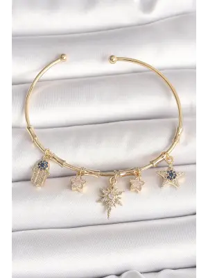Pirinç Gold Renk Sallantı Zirkon Taşlı Kutup Yıldız Model Charm Model Kadın Bileklik