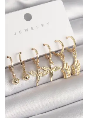  Altın Sallantı Zirkon Taşlı Melek Model Kanat Detay Çelik Küpe Seti