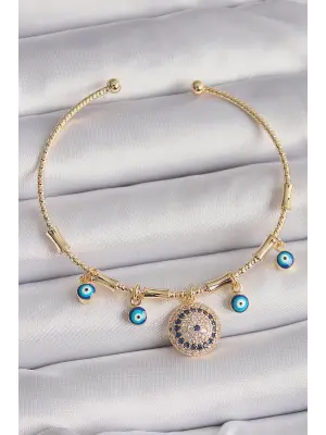 Pirinç Gold Renk Sallantı Zirkon Taşlı Nazar Boncuk Model Charm Bileklik