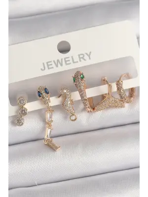 Altın Sallantı Zirkon Taşlı Yılan Model Çoklu Figür Çelik Küpe Seti