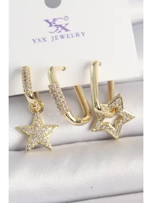 Pirinç Gold Renk Sallantı Zirkon Taşlı Yıldız Model 3Lü Kadın Kombin Küpe