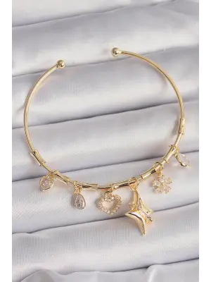 Pirinç Gold Renk Sallantı Zirkon Taşlı Yıldız Model Çiçek Detay Charm Bileklik