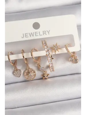 Altın Sallantı Zirkon Taşlı Yıldız Model Çelik Küpe Seti