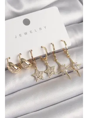  Altın Sallantı Zirkon Taşlı Yıldız Model Çelik Küpe Seti