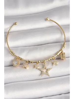 Pirinç Gold Renk Sallantı Zirkon Taşlı Yıldız Model Kalp Detay Charm Kadın Bileklik