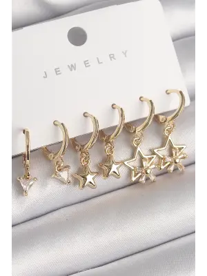  Altın Sallantı Zirkon Taşlı Yıldız Model Üçgen Detay Çelik Küpe Seti