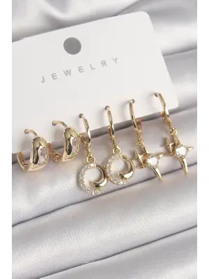  Altın Sallantı Zirkon Taşlı Yıldız Model Yıldız Model Çelik Küpe Seti