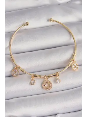 Pirinç Gold Renk Sallantı Zirkon Taşlı Yonca Figür Charm Bileklik