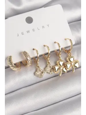 Altın Sallantı Zirkon Taşlı Yonca Model Çelik Küpe Seti