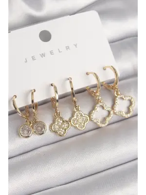  Altın Sallantı Zirkon Taşlı Yonca Model Çelik Küpe Seti