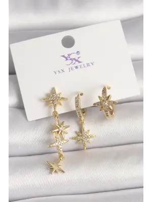Pirinç Gold Renk Sallantı Zirkon Taşlı Zirkon Taşlı Kutup Yıldız Model 3Lü Kadın Kombin Küpe