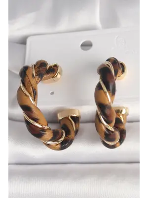 Pirinç Gold Renk Sarmal Halka Leopar Desen Model Kadın Küpe