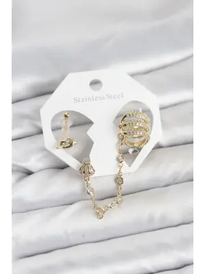 Çelik Gold Renk Sarmal Model Zincir Bağlantılı Ear Cuff Küpe Seti