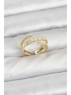 Pirinç Gold Renk Sıralı Baget Zirkon Taşlı Kadın Yüzük
