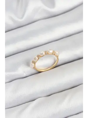 Pirinç Gold Renk Sıralı İncili Kadın Yüzük