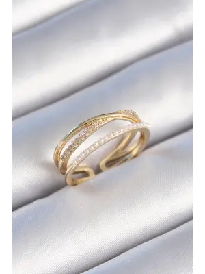  Altın Sıralı Zirkon Taş İnci Detay Çift Sıra Çelik Yüzük