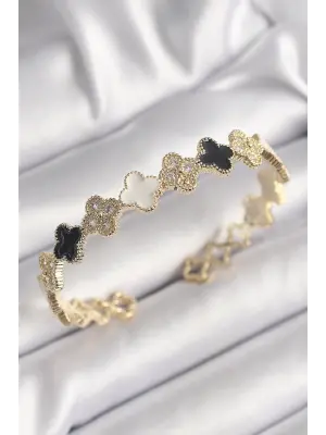Pirinç Gold Renk Siyah Beyaz Yonca Model Zirkon Taş Detaylı Kadın Bileklik