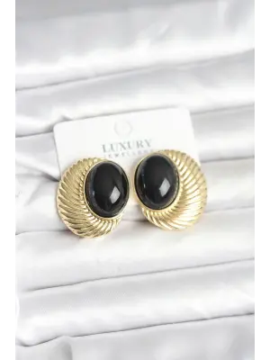 Pirinç Gold Renk Siyah Boncuklu Oval Vintage Kadın Küpe