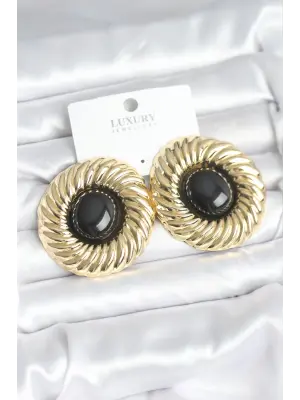 Pirinç Gold Renk Siyah Boncuklu Vintage Kadın Küpe