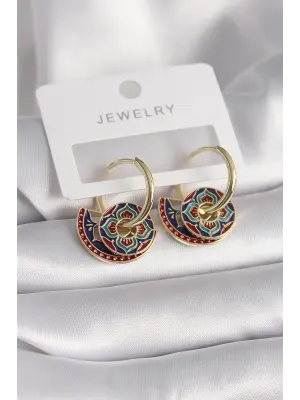  Altın Siyah Kırmızı Renkli Motif Model Çelik Küpe