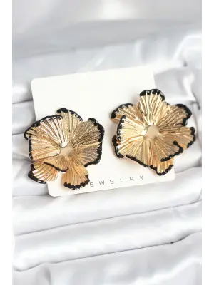 Çelik Gold Renk Siyah Mine Detaylı Lotus Kadın Küpe
