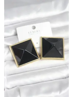 Pirinç Gold Renk Siyah Piramit Model Kadın Küpe