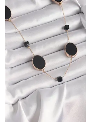 Pirinç Altın  Siyah  Oval Siyah Küp Detay  Çelik Kolye