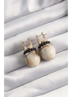  Altın Siyah Taşlı Bej Mermer Desenli Küpe