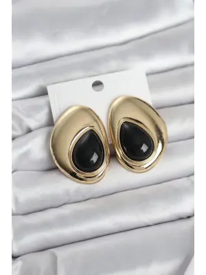 Pirinç Gold Renk Siyah Taşlı Damla Model Vintage Kadın Küpe