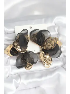 Çelik Gold Renk Siyah Tüllü Lotus Kadın Küpe