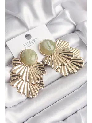  Altın Su Yeşili Mermer Desenli Boncuk Yaprak Model Vintage Çelik Küpe