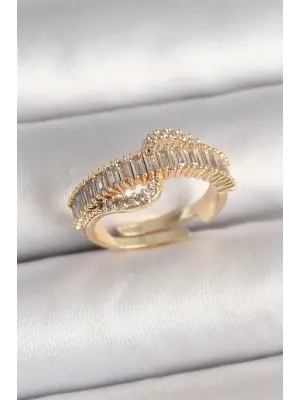 Pirinç Gold Renk Su Yolu Zirkon Taşlı Ayarlanabilir Model Kadın Yüzük