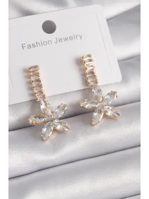  Altın Su Yolu Zirkon Taşlı Çiçek Model Çelik Küpe