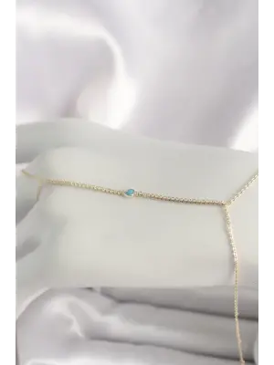 Pirinç Gold Renk Su Yolu Zirkon Taşlı Mavi Taş Detaylı Kadın Şahmeran