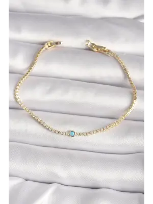 Pirinç Gold Renk Su Yolu Zirkon Taşlı Mavi Taşlı Kadın Bileklik