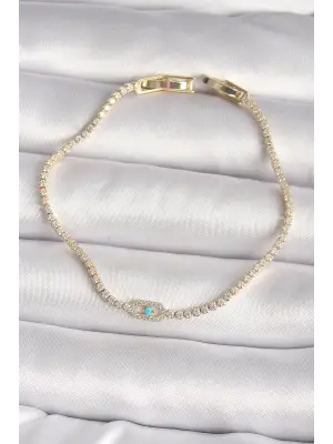 Pirinç Gold Renk Su Yolu Zirkon Taşlı Mavi Taşlı Messika Model Kadın Bileklik