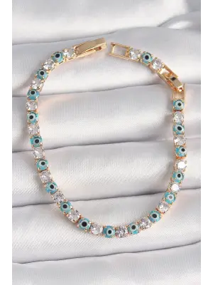Pirinç Gold Renk Su Yolu Zirkon Taşlı Nazar Boncuklu Kadın Bileklik