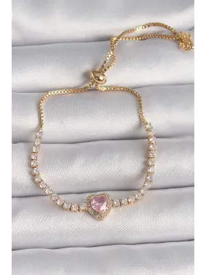 Pirinç Gold Renk Su Yolu Zirkon Taşlı Pembe Zirkon Taşlı Kalp Asansör Model Charm Kadın Bileklik