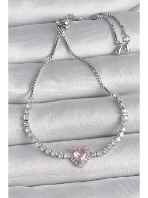 Pirinç Gold Renk Su Yolu Zirkon Taşlı Pembe Zirkon Taşlı Kalp Asansör Model Charm Kadın Bileklik