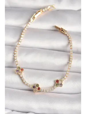 Pirinç Gold Renk Su Yolu Zirkon Taşlı Renkli Zirkon Taşlı Yonca Model Kadın Bileklik