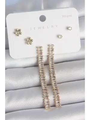 Pirinç Gold Renk Su Yolu Zirkon Taşlı Sallantı Model Çiçek Detay 925 Ayar Gümüş Çivi Kadın Küpe Seti