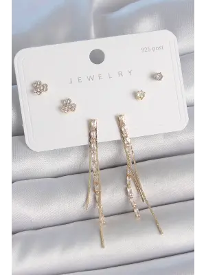 Pirinç Gold Renk Su Yolu Zirkon Taşlı Sallantı Model Çiçek Detay 925 Ayar Gümüş Çivi Kadın Küpe Seti